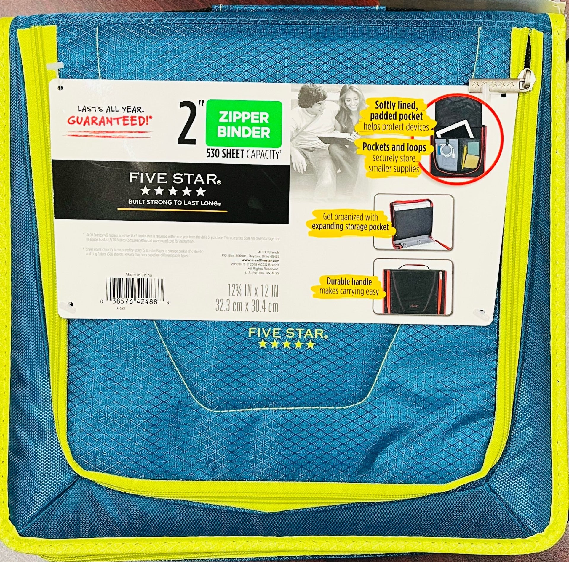 Five Star Zipper Binder 2" with 530 Sheets Capacity (Teal, Lime) - Blesket Canada
