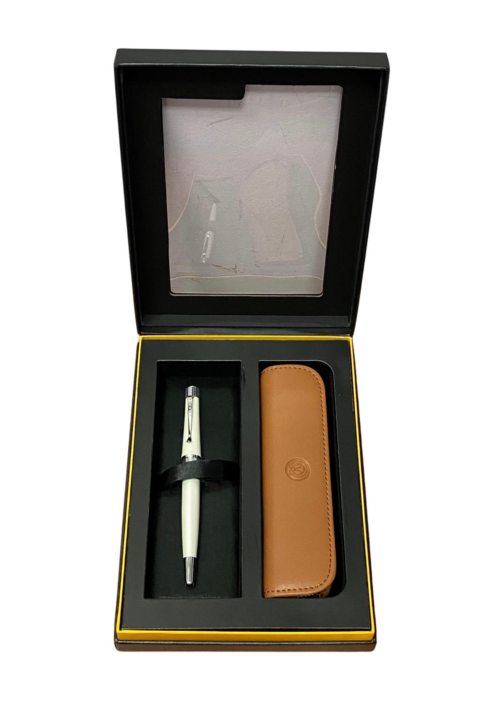 Cross Beverly Pearlescent White Lacquer Rollerball Pen with Tan Pen Pouch