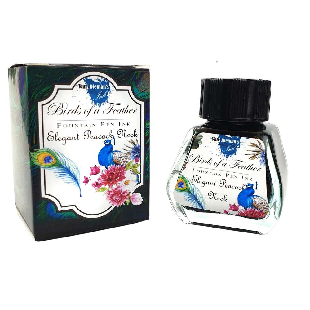 Van Dieman's Birds of a Feather 30ml Ink Bottle - Elegant Peacock Neck - Blesket Canada